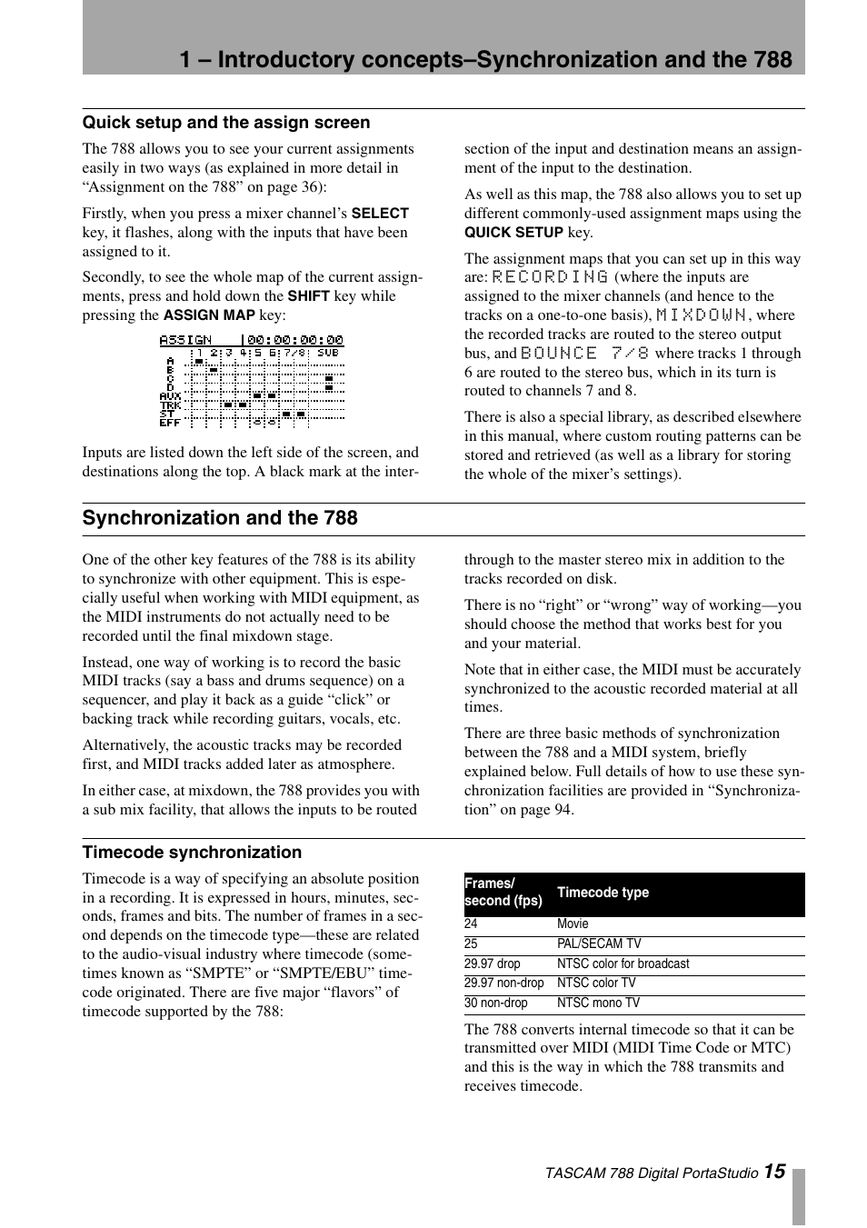 Quick setup and the assign screen, Synchronization and the 788, Timecode synchronization | Tascam 788 User Manual | Page 15 / 128