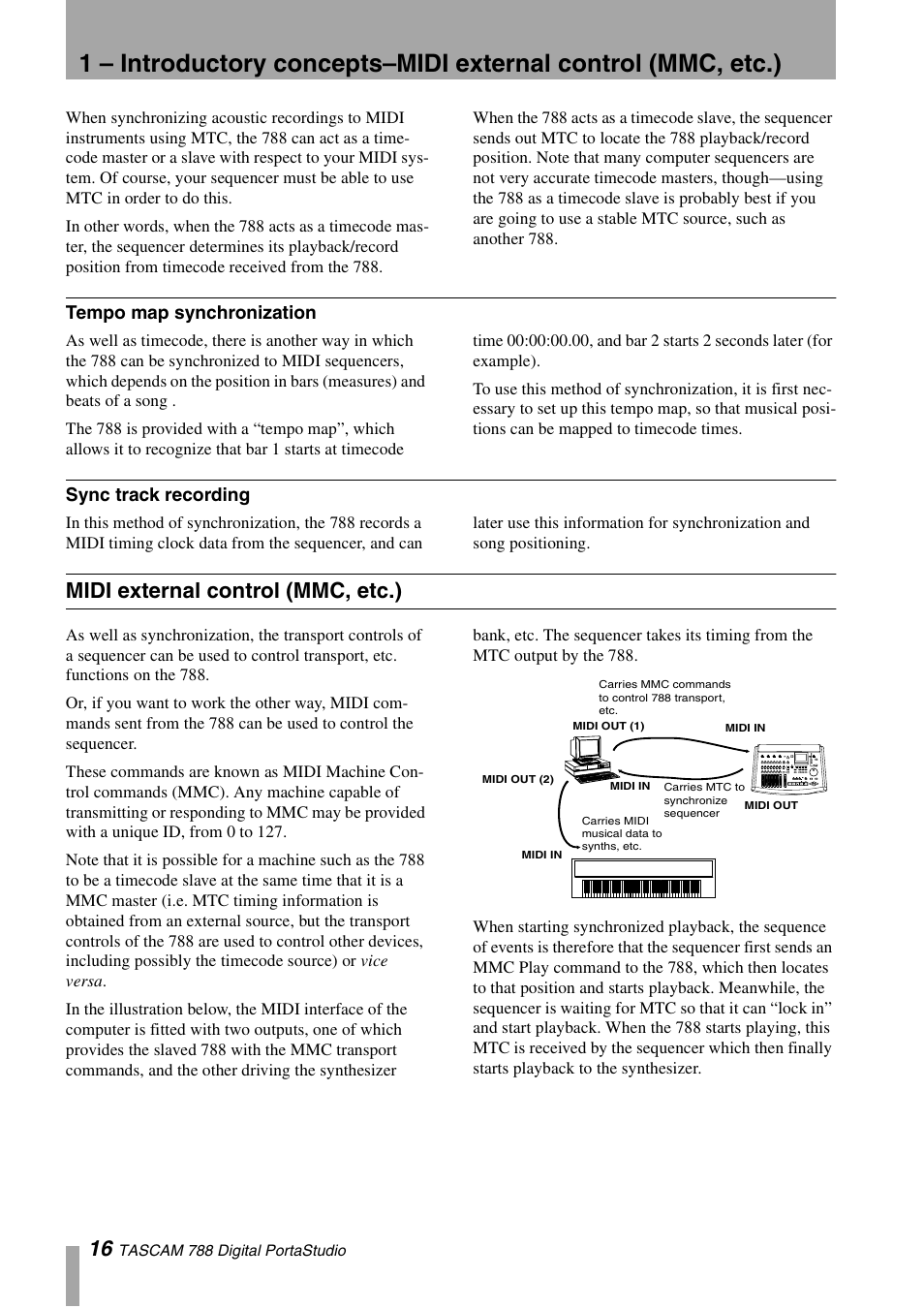 Tempo map synchronization, Sync track recording, Midi external control (mmc, etc.) | Tascam 788 User Manual | Page 16 / 128