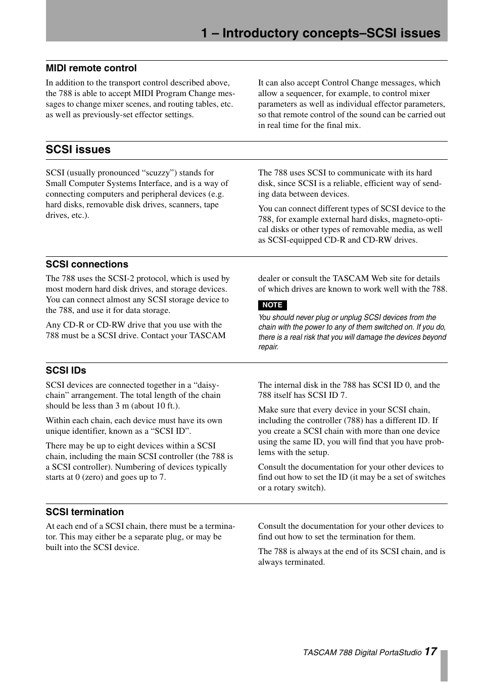 Midi remote control, Scsi issues, Scsi connections | Scsi ids, Scsi termination, Scsi connections scsi ids, 1 – introductory concepts–scsi issues | Tascam 788 User Manual | Page 17 / 128