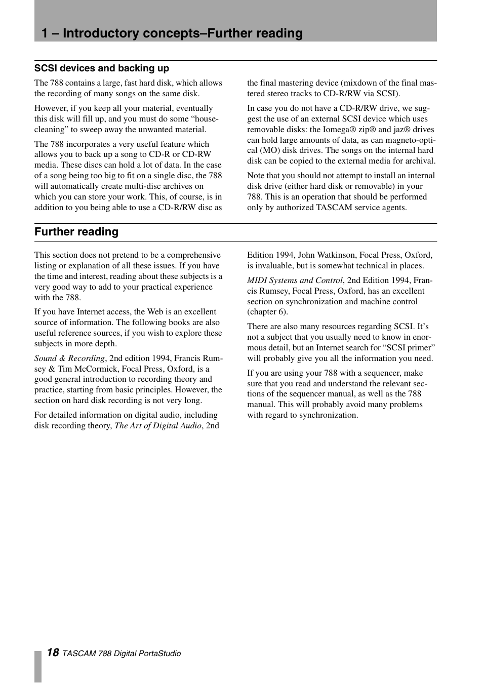 Scsi devices and backing up, Further reading, 1 – introductory concepts–further reading | Tascam 788 User Manual | Page 18 / 128