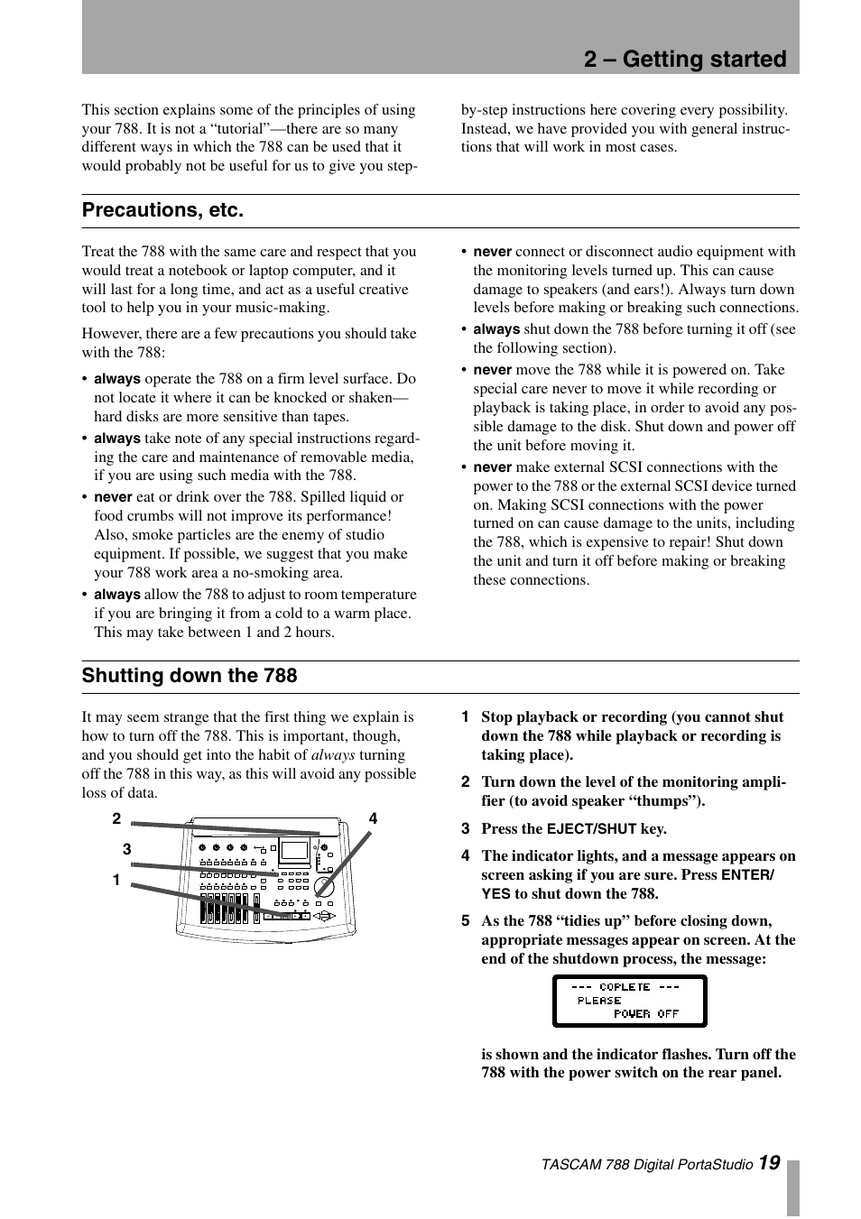 2 – getting started, Precautions, etc, Shutting down the 788 | Precautions, etc shutting down the 788 | Tascam 788 User Manual | Page 19 / 128