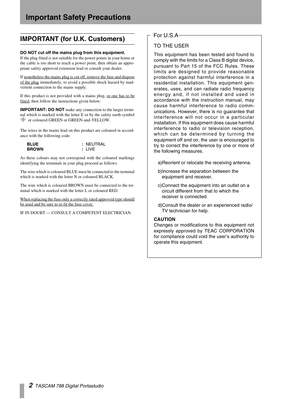 Important safety precautions, Important (for u.k. customers), For u.s.a | Tascam 788 User Manual | Page 2 / 128