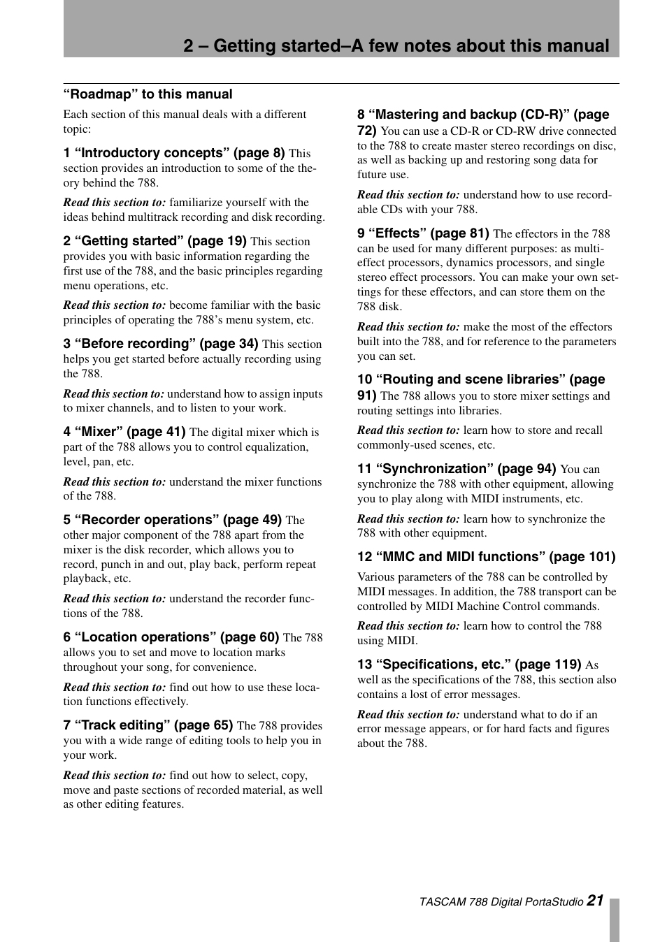 Roadmap” to this manual | Tascam 788 User Manual | Page 21 / 128