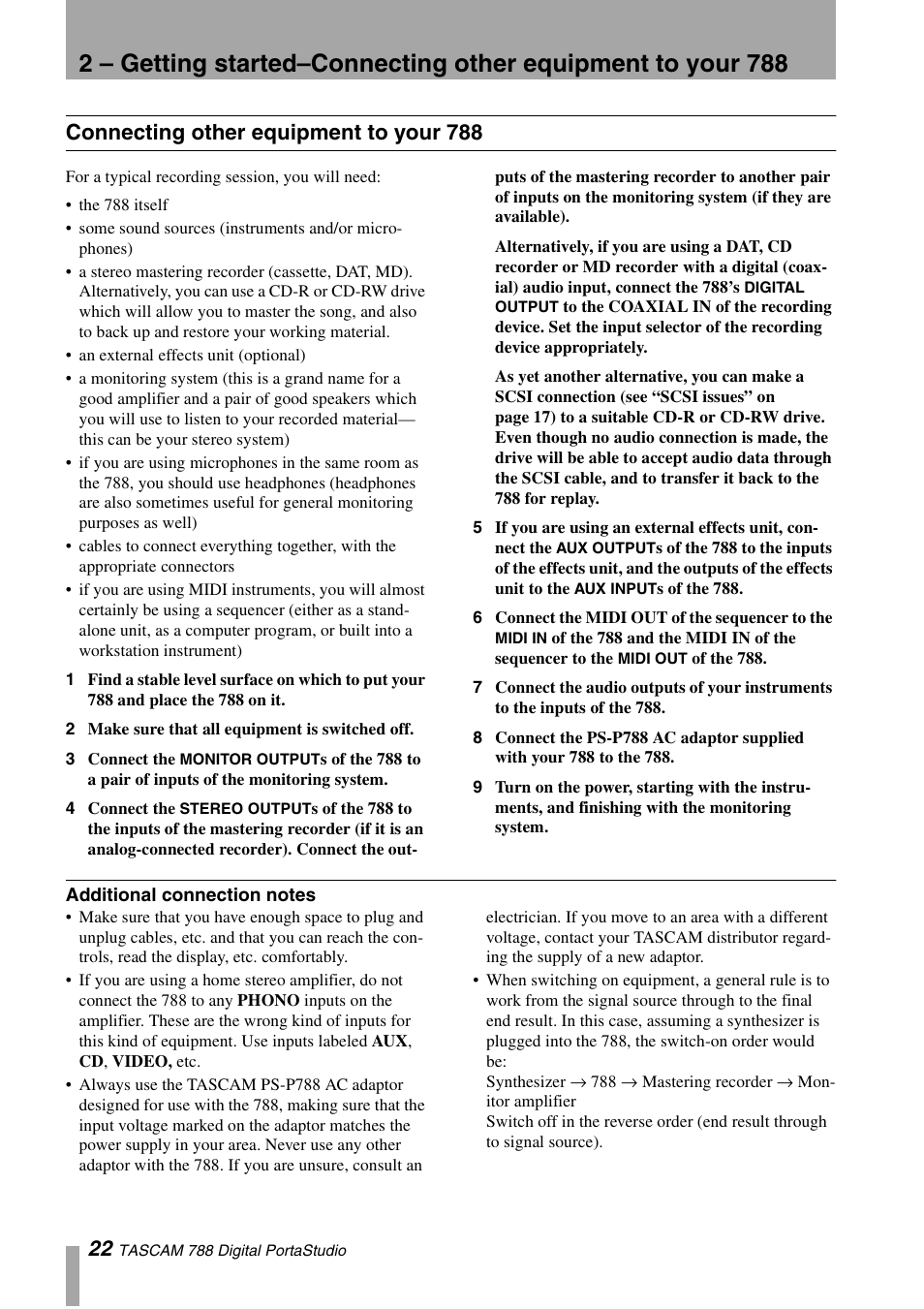 Connecting other equipment to your 788, Additional connection notes | Tascam 788 User Manual | Page 22 / 128