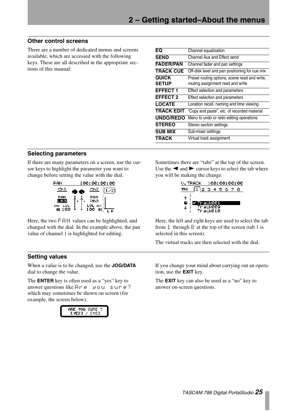 Other control screens, Selecting parameters, Setting values | 2 – getting started–about the menus | Tascam 788 User Manual | Page 25 / 128