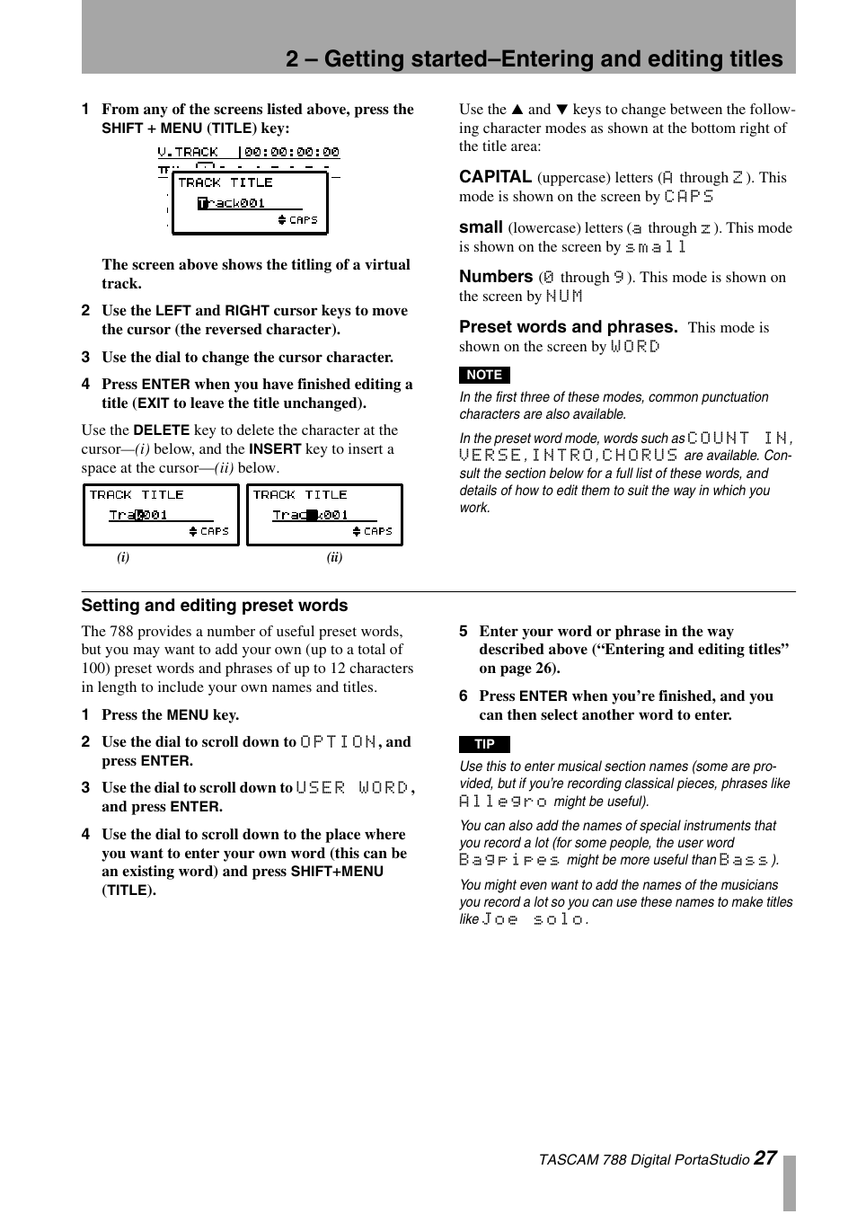 Capital, Small, Numbers | Preset words and phrases, Setting and editing preset words, Capital small numbers preset words and phrases, 2 – getting started–entering and editing titles | Tascam 788 User Manual | Page 27 / 128