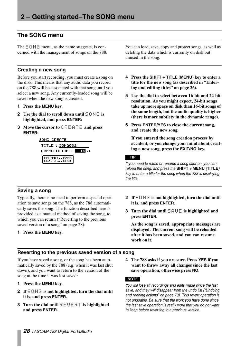 The song menu, Creating a new song, Saving a song | Reverting to the previous saved version of a song, The son, Song, 2 – getting started–the song menu | Tascam 788 User Manual | Page 28 / 128