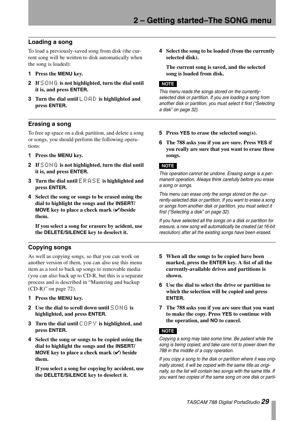 Loading a song, Erasing a song, Copying songs | Loading a song erasing a song copying songs, 2 – getting started–the song menu | Tascam 788 User Manual | Page 29 / 128