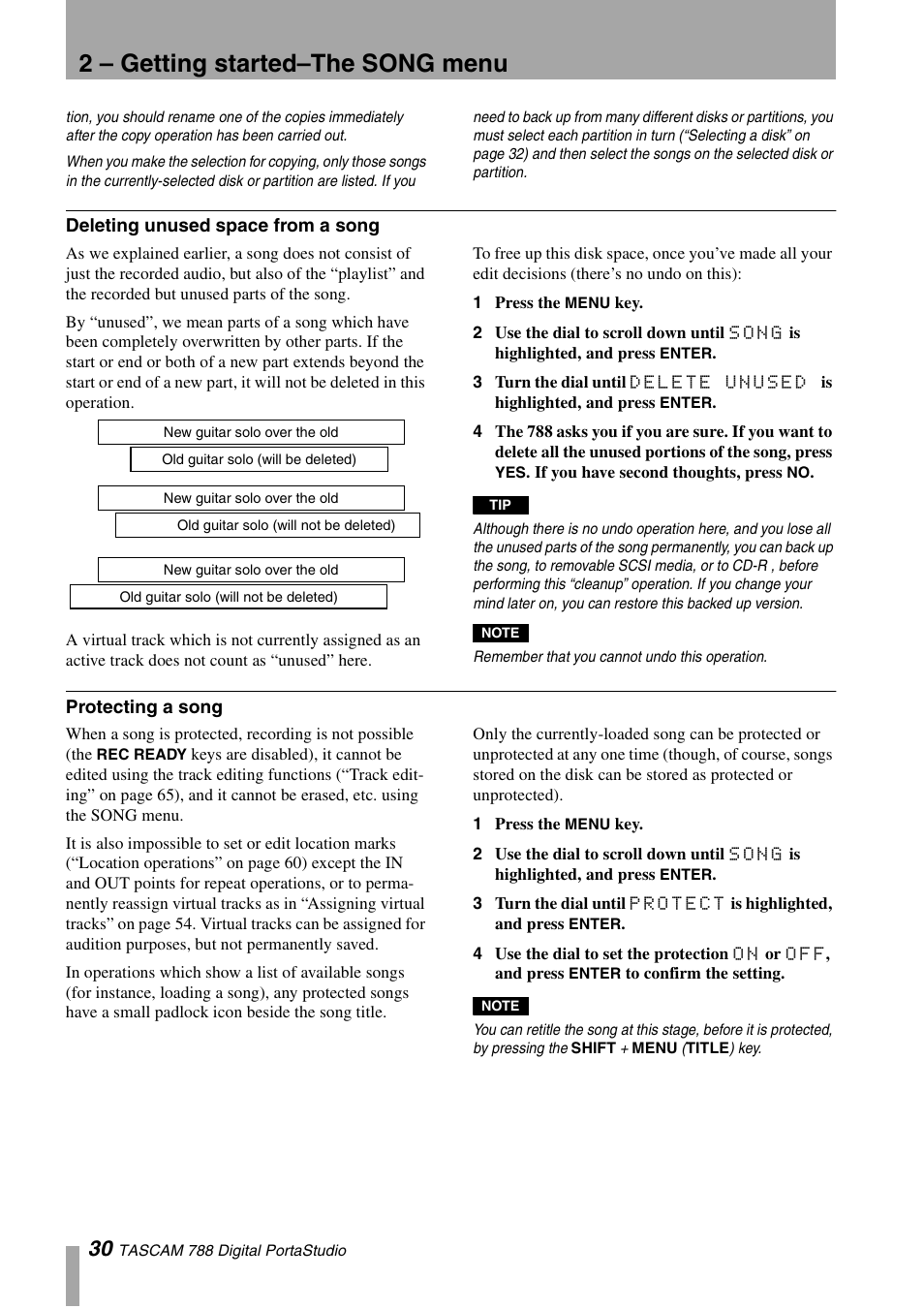 Deleting unused space from a song, Protecting a song, 2 – getting started–the song menu | Tascam 788 User Manual | Page 30 / 128