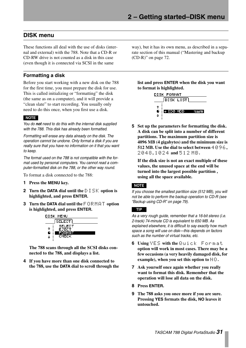 Disk menu, Formatting a disk, 2 – getting started–disk menu | 31 disk menu | Tascam 788 User Manual | Page 31 / 128