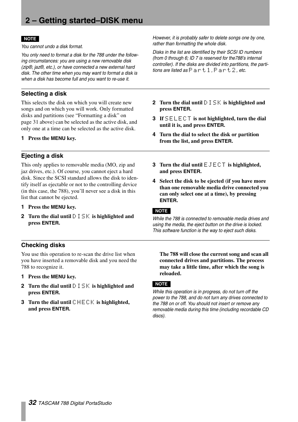 Selecting a disk, Ejecting a disk, Checking disks | Selecting a disk ejecting a disk checking disks, 2 – getting started–disk menu | Tascam 788 User Manual | Page 32 / 128