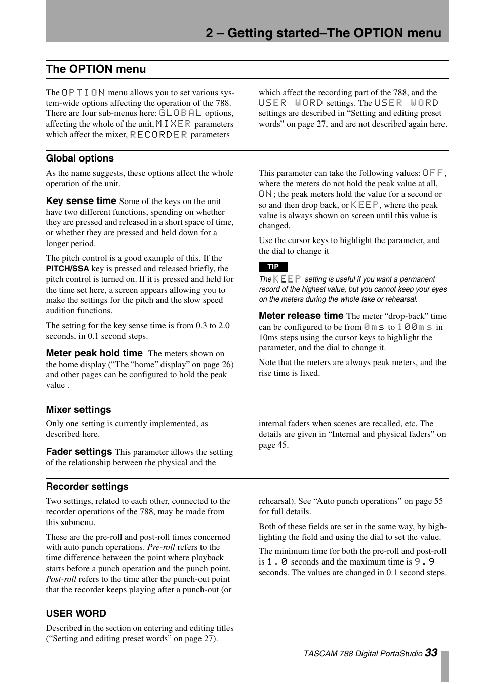 The option menu, Global options, Key sense time | Meter peak hold time, Meter release time, Mixer settings, Fader settings, Recorder settings, User word, Recorder settings user word | Tascam 788 User Manual | Page 33 / 128