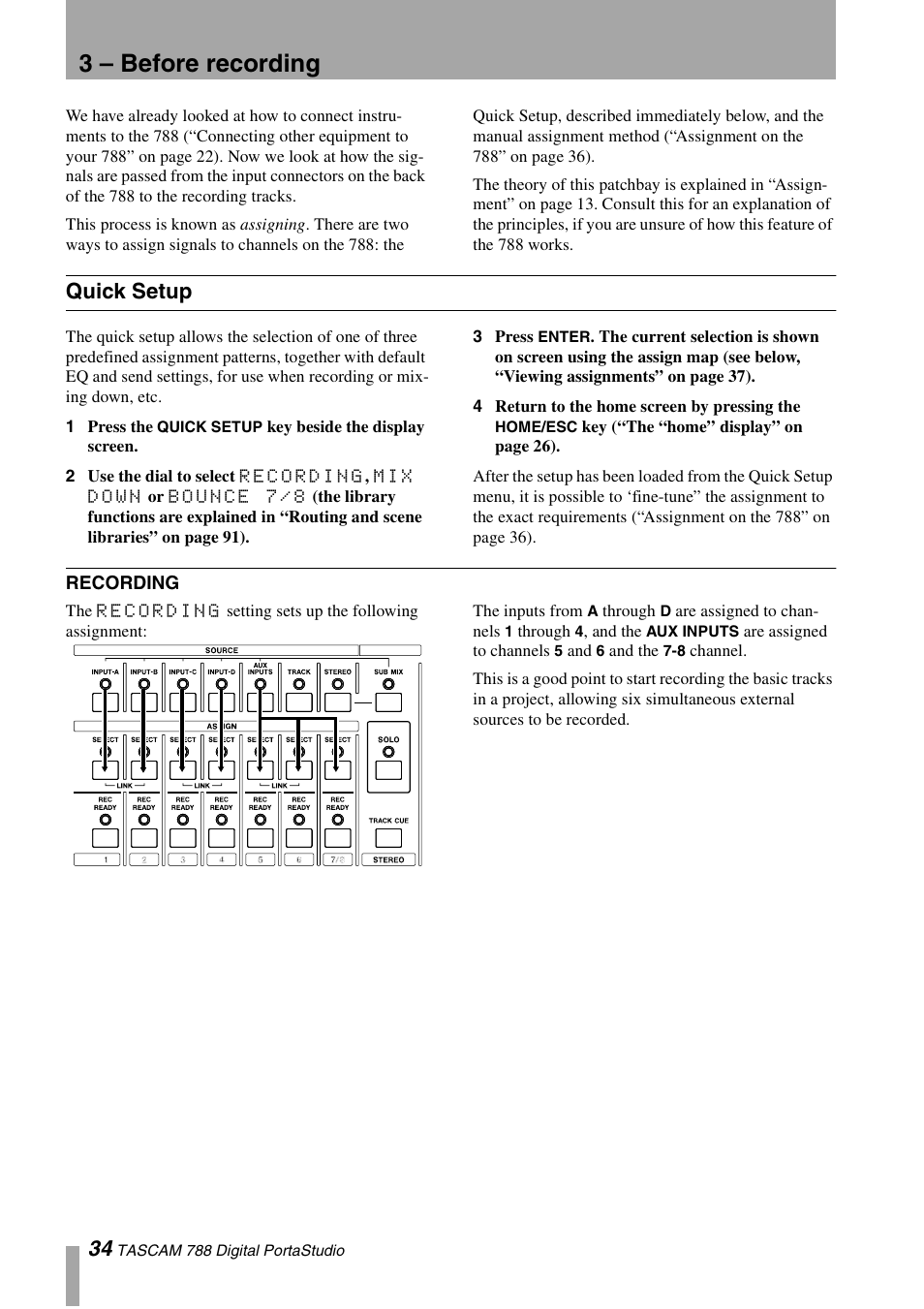 3 – before recording, Quick setup, Recording | Tascam 788 User Manual | Page 34 / 128