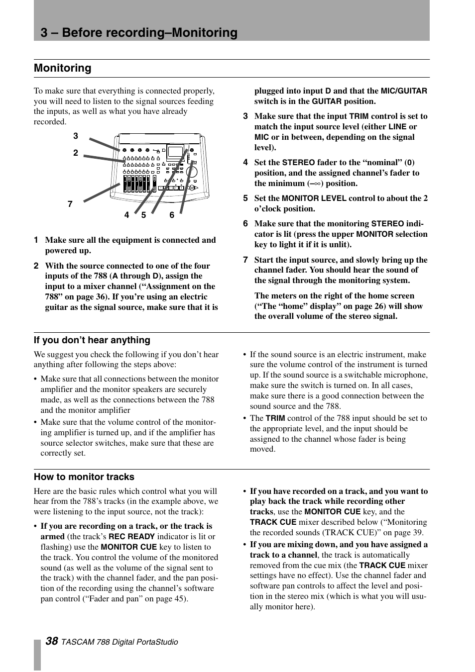 Monitoring, If you don’t hear anything, How to monitor tracks | If you don’t hear anything how to monitor tracks, Recording to cd-r (multiple tracks), 3 – before recording–monitoring | Tascam 788 User Manual | Page 38 / 128