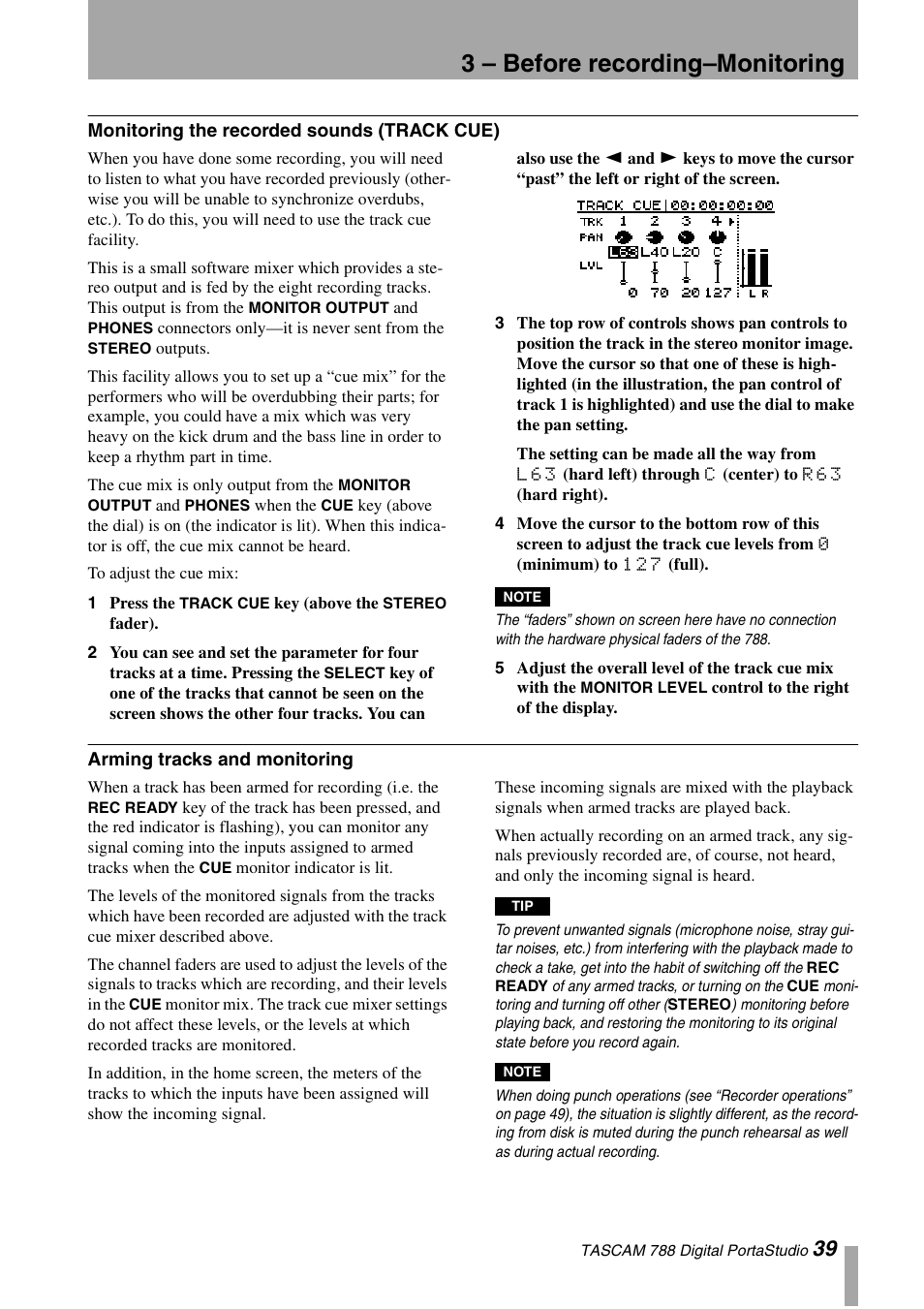 Monitoring the recorded sounds (track cue), Arming tracks and monitoring, W (“monitoring | 3 – before recording–monitoring | Tascam 788 User Manual | Page 39 / 128