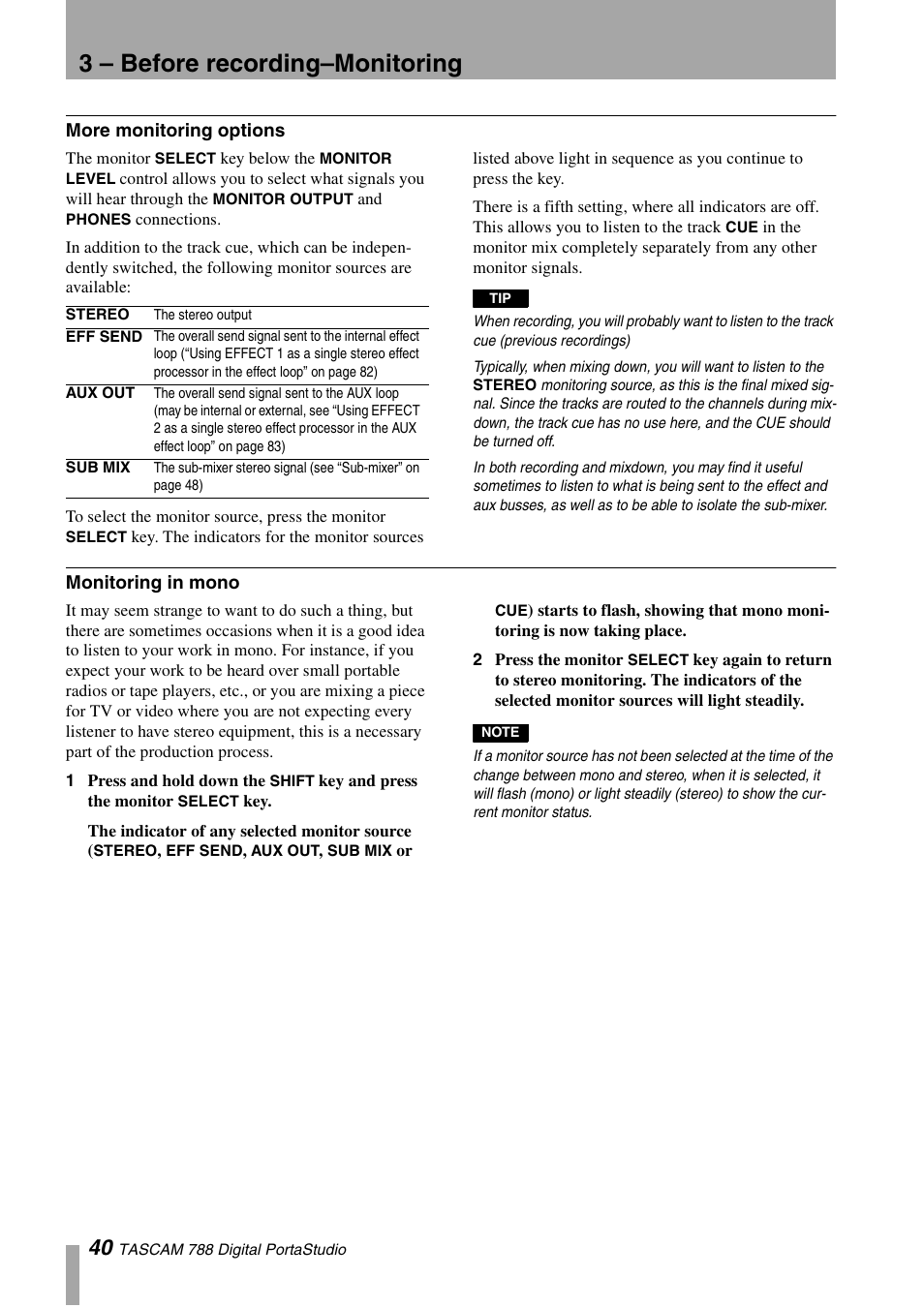 More monitoring options, Monitoring in mono, More monitoring options monitoring in mono | 3 – before recording–monitoring | Tascam 788 User Manual | Page 40 / 128