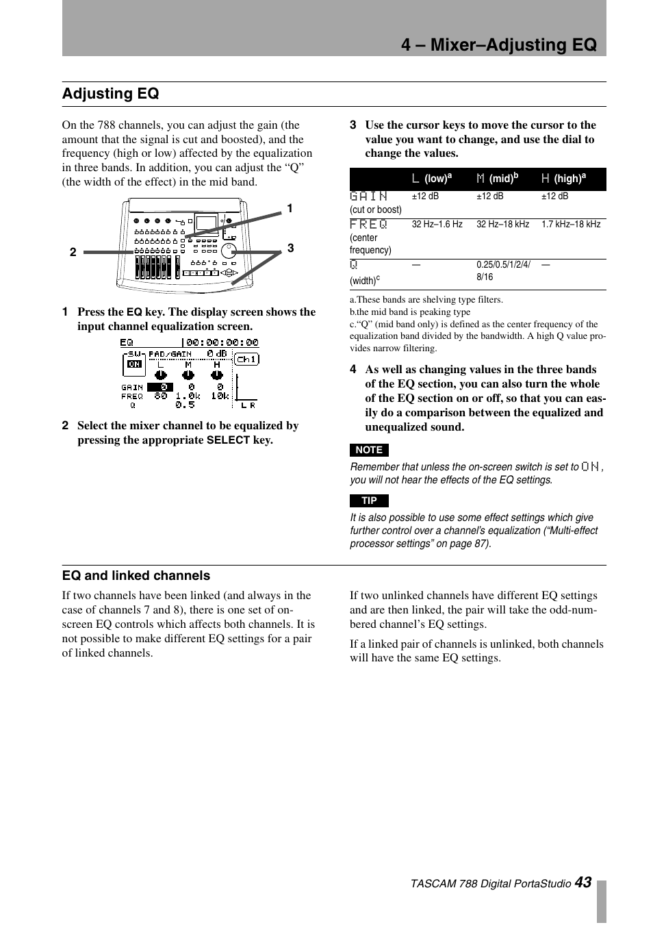 Adjusting eq, Eq and linked channels, 4 – mixer–adjusting eq | 43 adjusting eq | Tascam 788 User Manual | Page 43 / 128