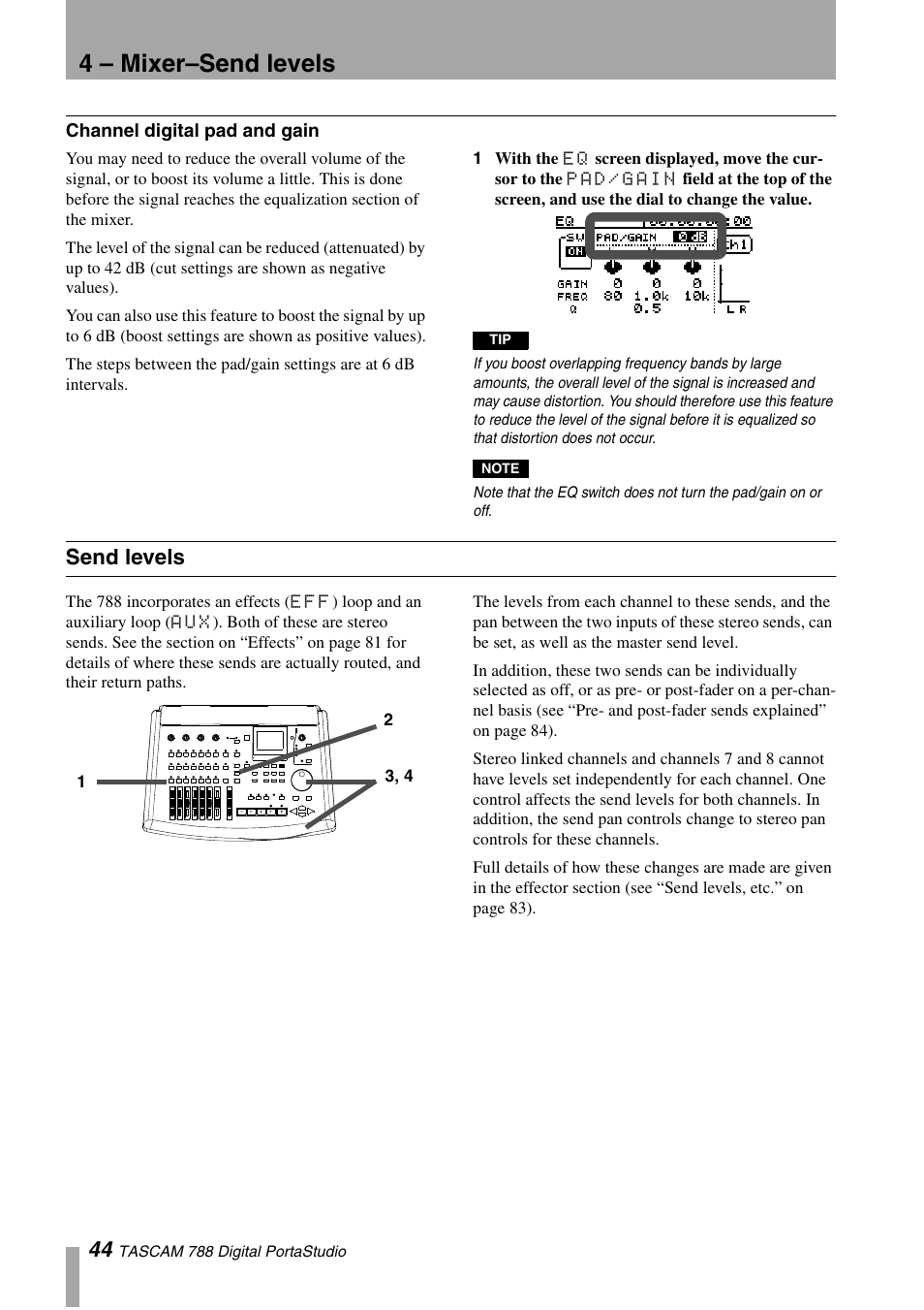 Channel digital pad and gain, Send levels, 4 – mixer–send levels | Tascam 788 User Manual | Page 44 / 128