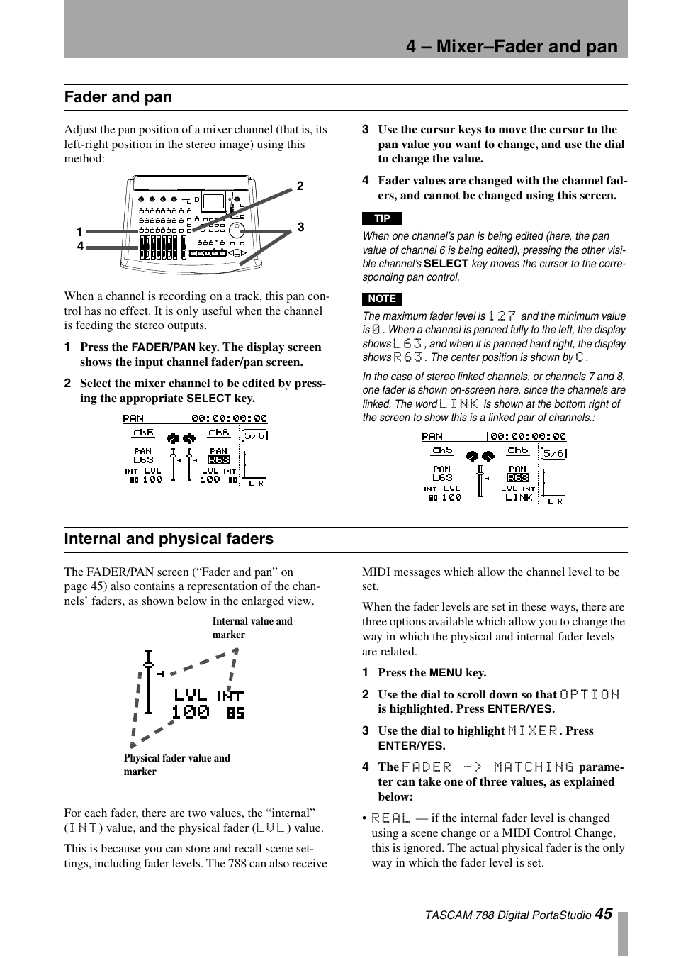 Fader and pan, Internal and physical faders, Fader and pan internal and physical faders | 4 – mixer–fader and pan, 45 fader and pan | Tascam 788 User Manual | Page 45 / 128