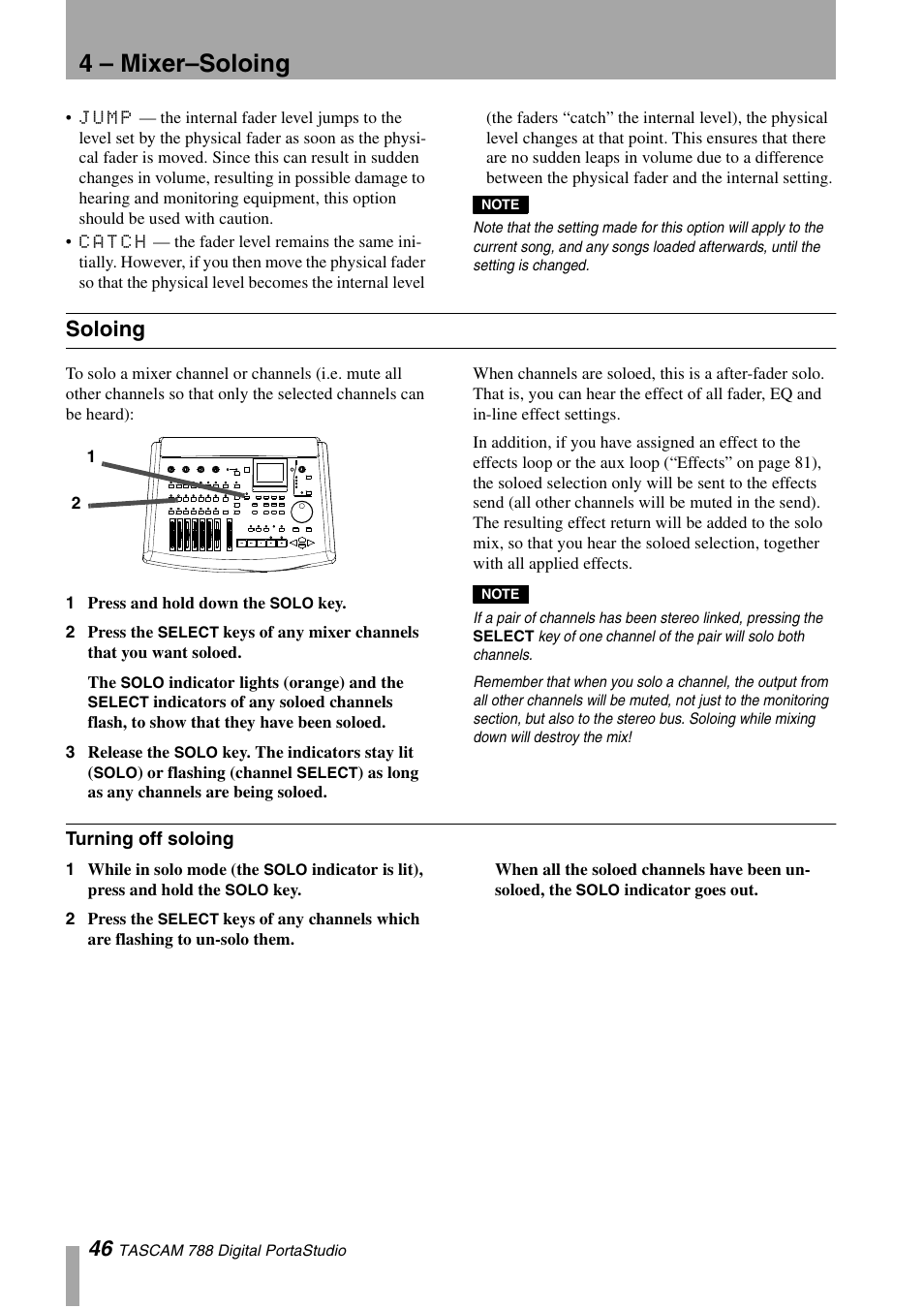 Soloing, Turning off soloing, 4 – mixer–soloing | Tascam 788 User Manual | Page 46 / 128