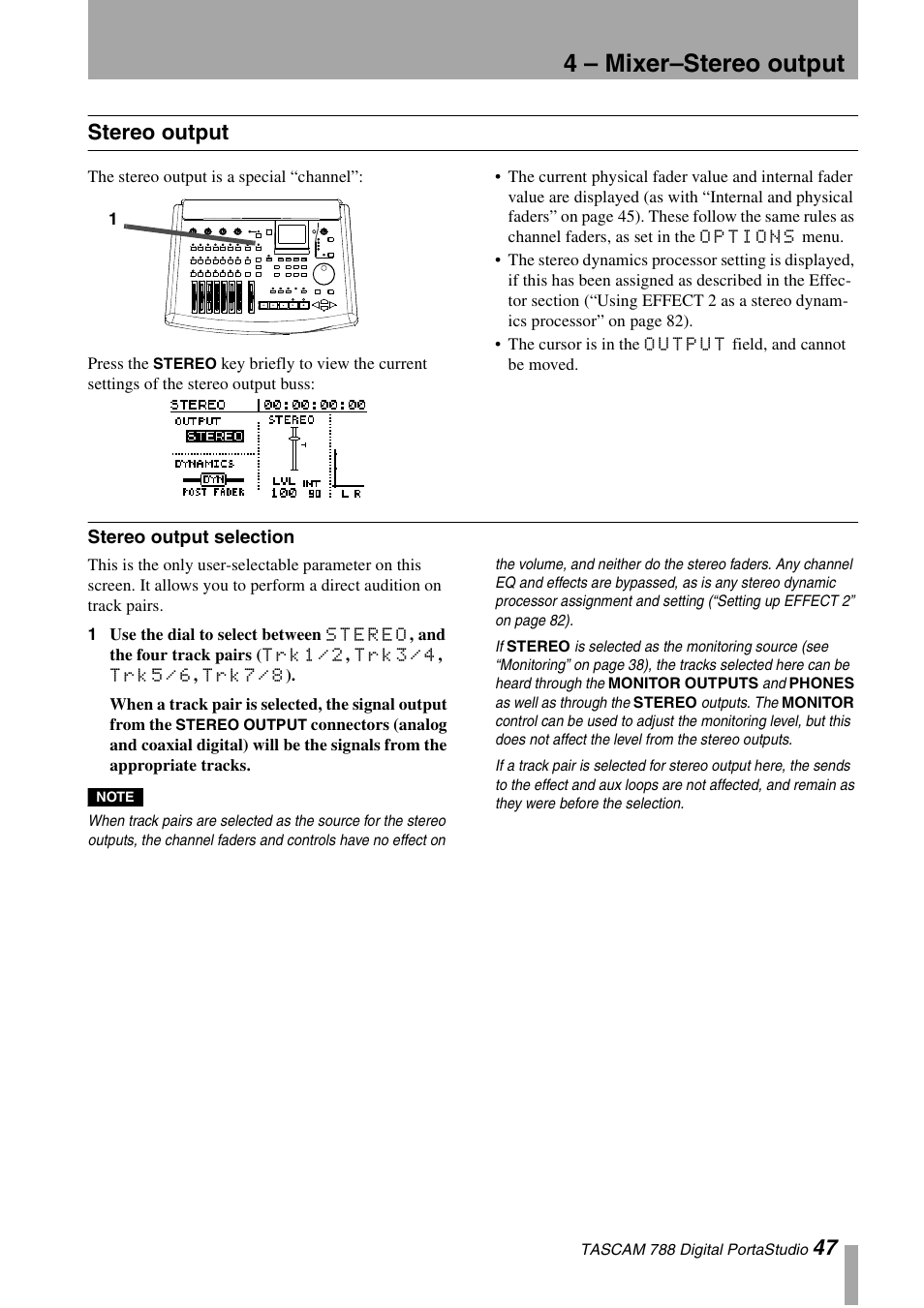 Stereo output, Stereo output selection, 4 – mixer–stereo output | 47 stereo output | Tascam 788 User Manual | Page 47 / 128