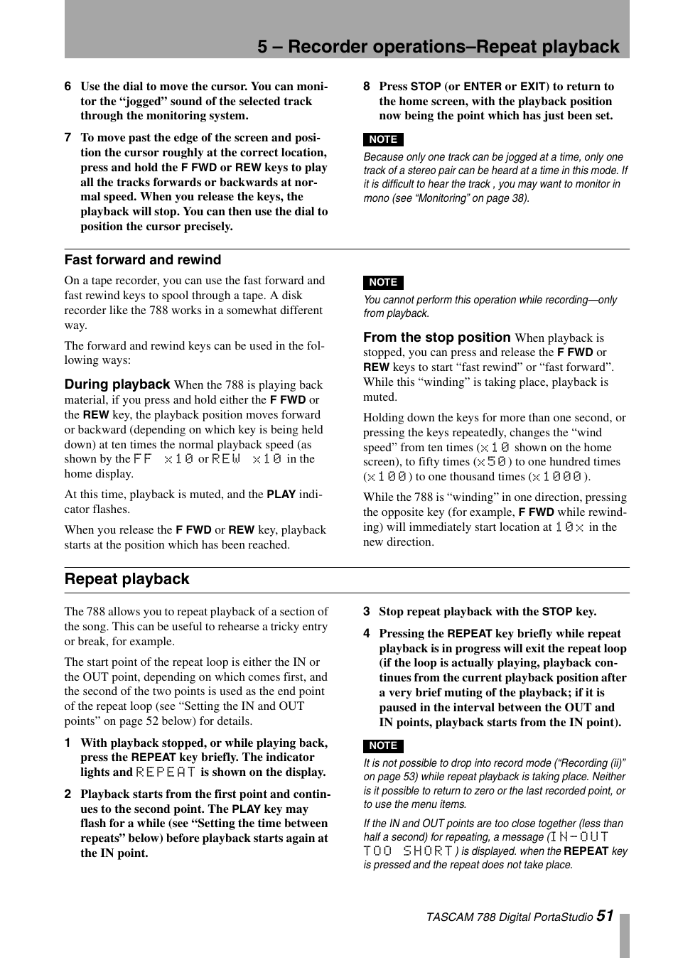 Fast forward and rewind, During playback, From the stop position | Repeat playback, During playback from the stop position, 5 – recorder operations–repeat playback | Tascam 788 User Manual | Page 51 / 128