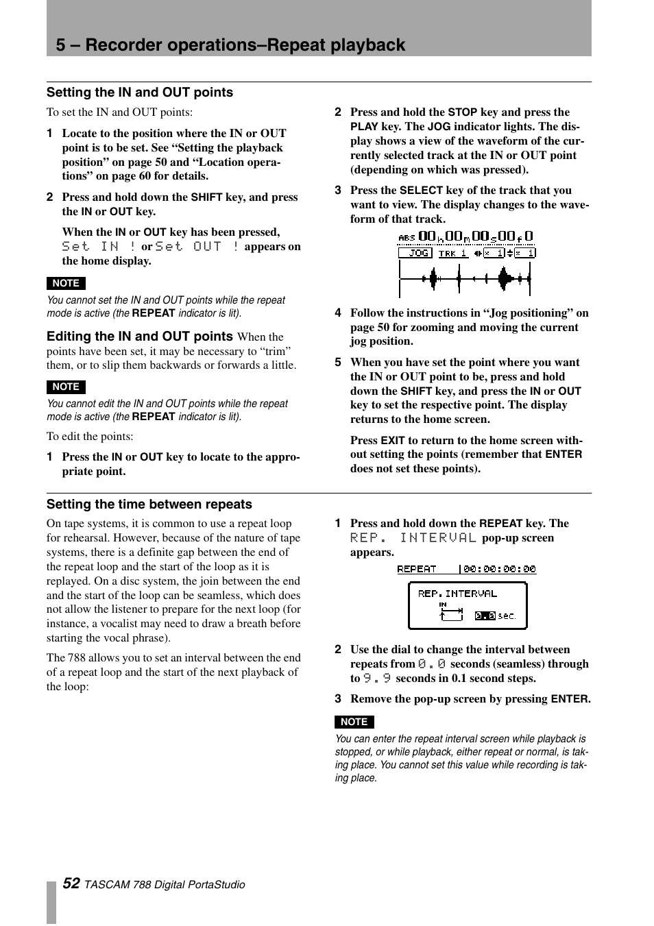 Setting the in and out points, Editing the in and out points, Setting the time between repeats | Ee “setting the time between repeats, 5 – recorder operations–repeat playback | Tascam 788 User Manual | Page 52 / 128