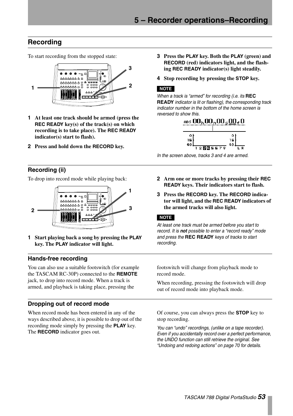 Recording, Recording (ii), Hands-free recording | Dropping out of record mode, 5 – recorder operations–recording, 53 recording | Tascam 788 User Manual | Page 53 / 128