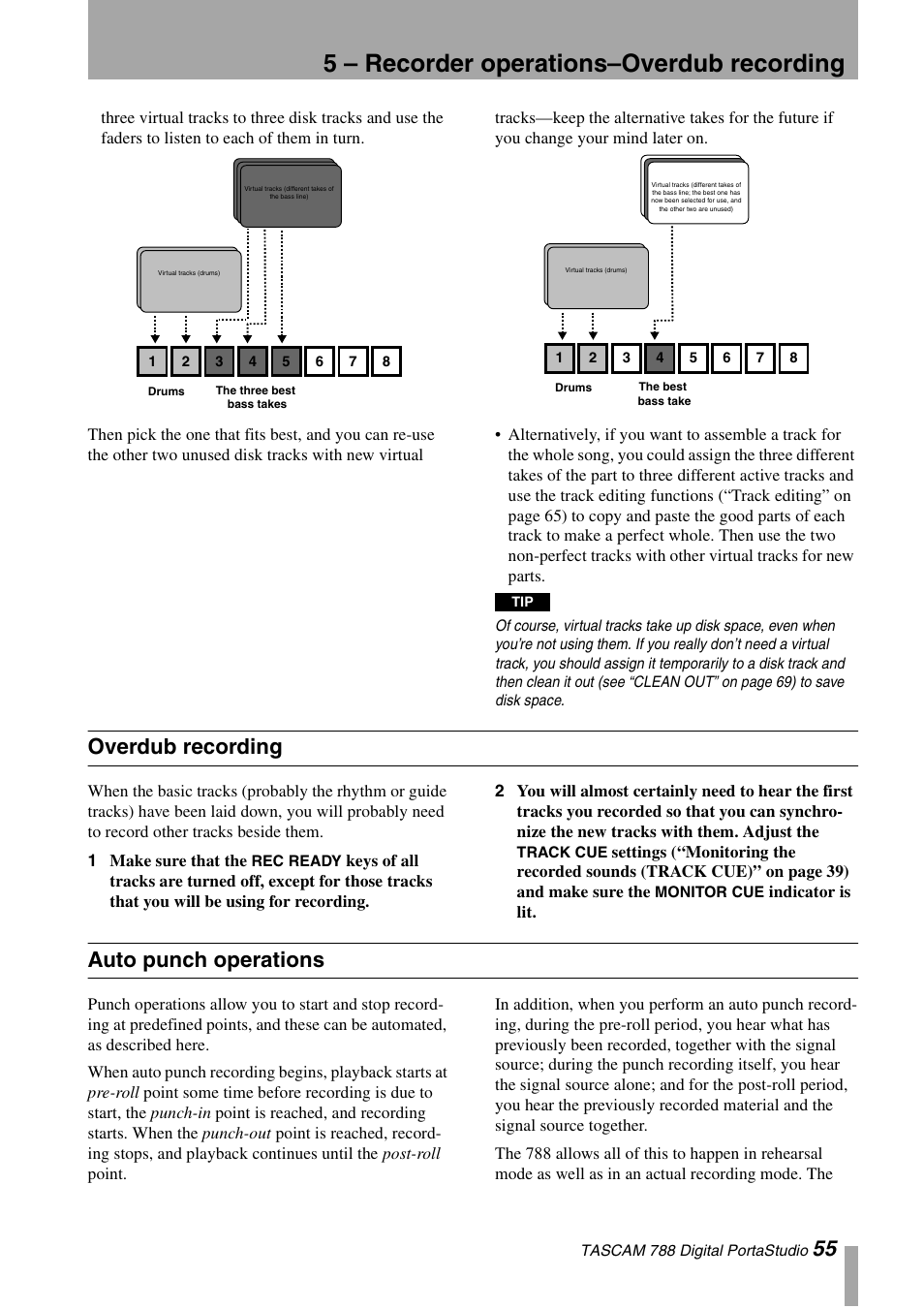 Overdub recording, Auto punch operations, Overdub recording auto punch operations | 5 – recorder operations–overdub recording | Tascam 788 User Manual | Page 55 / 128