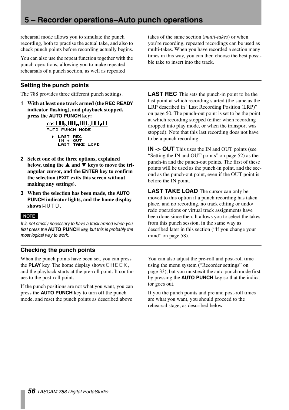 Setting the punch points, Last rec, In -> out | Last take load, Checking the punch points, Last rec in -> out last take load, 5 – recorder operations–auto punch operations | Tascam 788 User Manual | Page 56 / 128