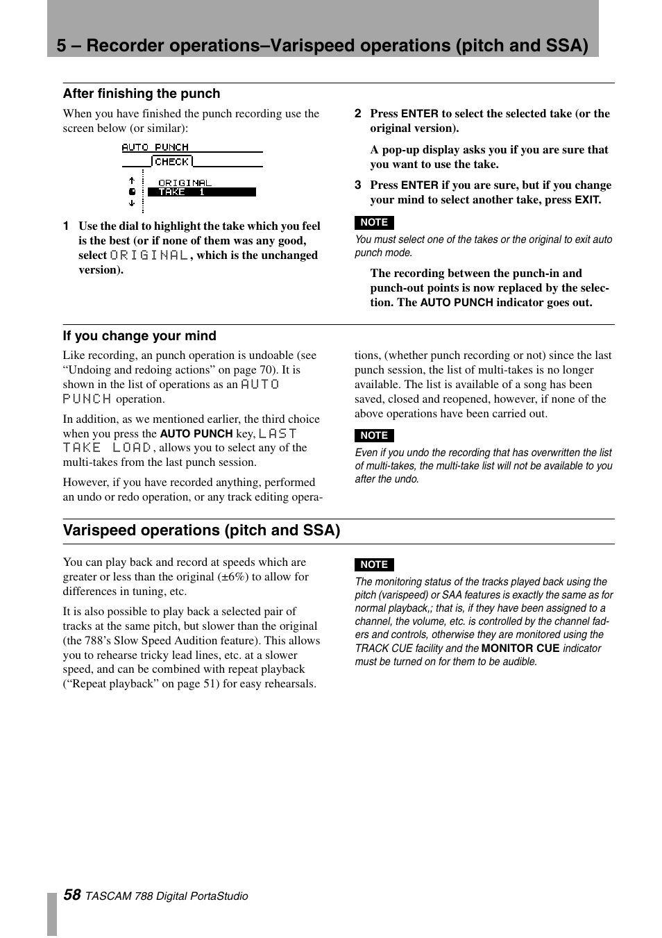 After finishing the punch, If you change your mind, Varispeed operations (pitch and ssa) | Tascam 788 User Manual | Page 58 / 128