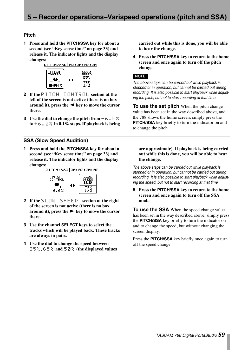 Pitch, To use the set pitch, Ssa (slow speed audition) | To use the ssa | Tascam 788 User Manual | Page 59 / 128