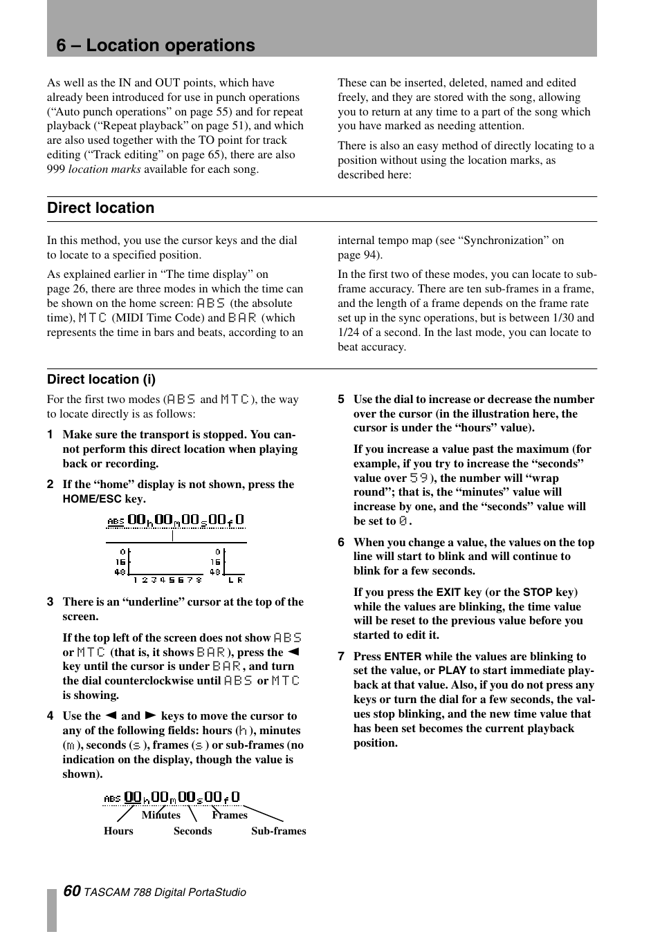 6 – location operations, Direct location, Direct location (i) | Tascam 788 User Manual | Page 60 / 128