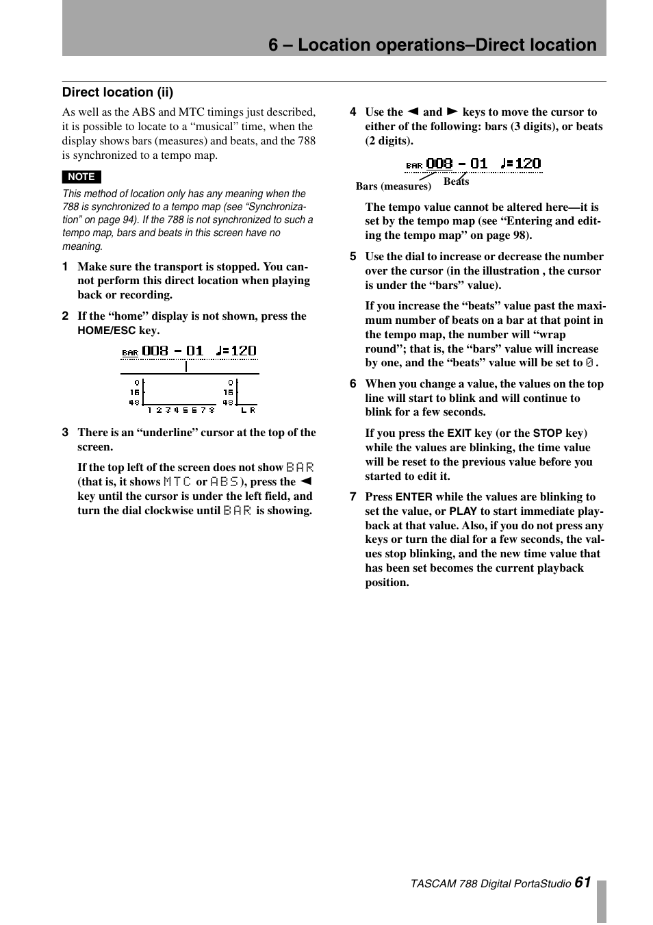 Direct location (ii), 6 – location operations–direct location | Tascam 788 User Manual | Page 61 / 128