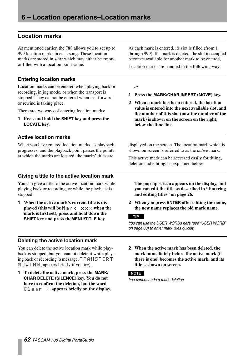 Location marks, Entering location marks, Active location marks | Giving a title to the active location mark, Deleting the active location mark, 6 – location operations–location marks | Tascam 788 User Manual | Page 62 / 128