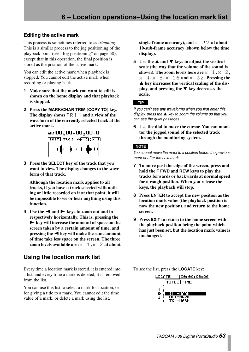 Editing the active mark, Using the location mark list | Tascam 788 User Manual | Page 63 / 128