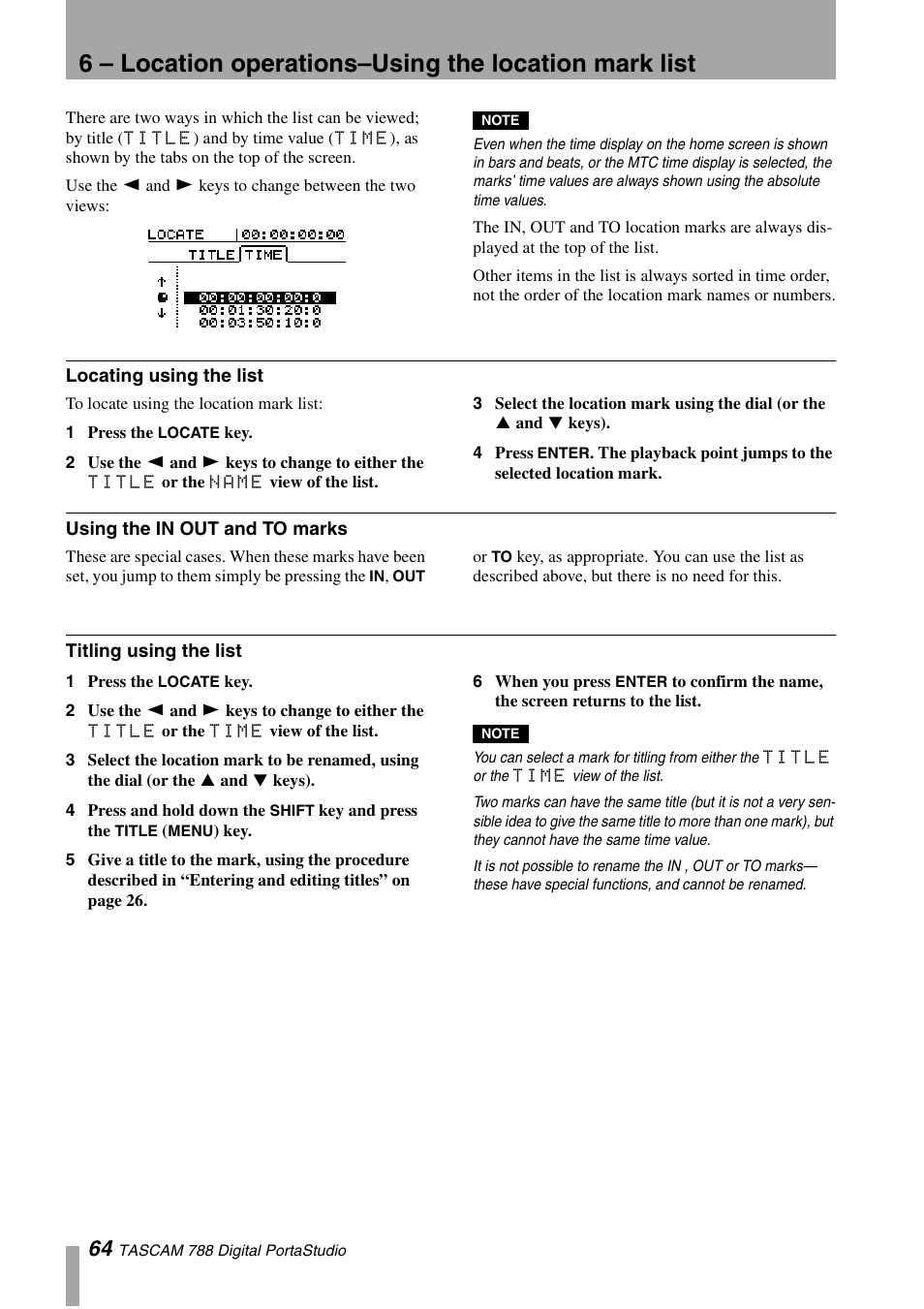 Locating using the list, Using the in out and to marks, Titling using the list | Tascam 788 User Manual | Page 64 / 128