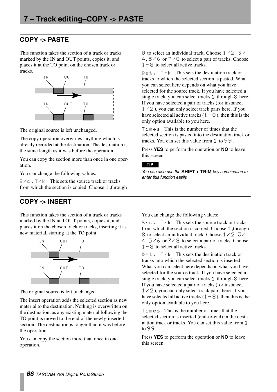 Copy -> paste, Copy -> insert, Copy -> paste copy -> insert | 7 – track editing–copy -> paste | Tascam 788 User Manual | Page 66 / 128