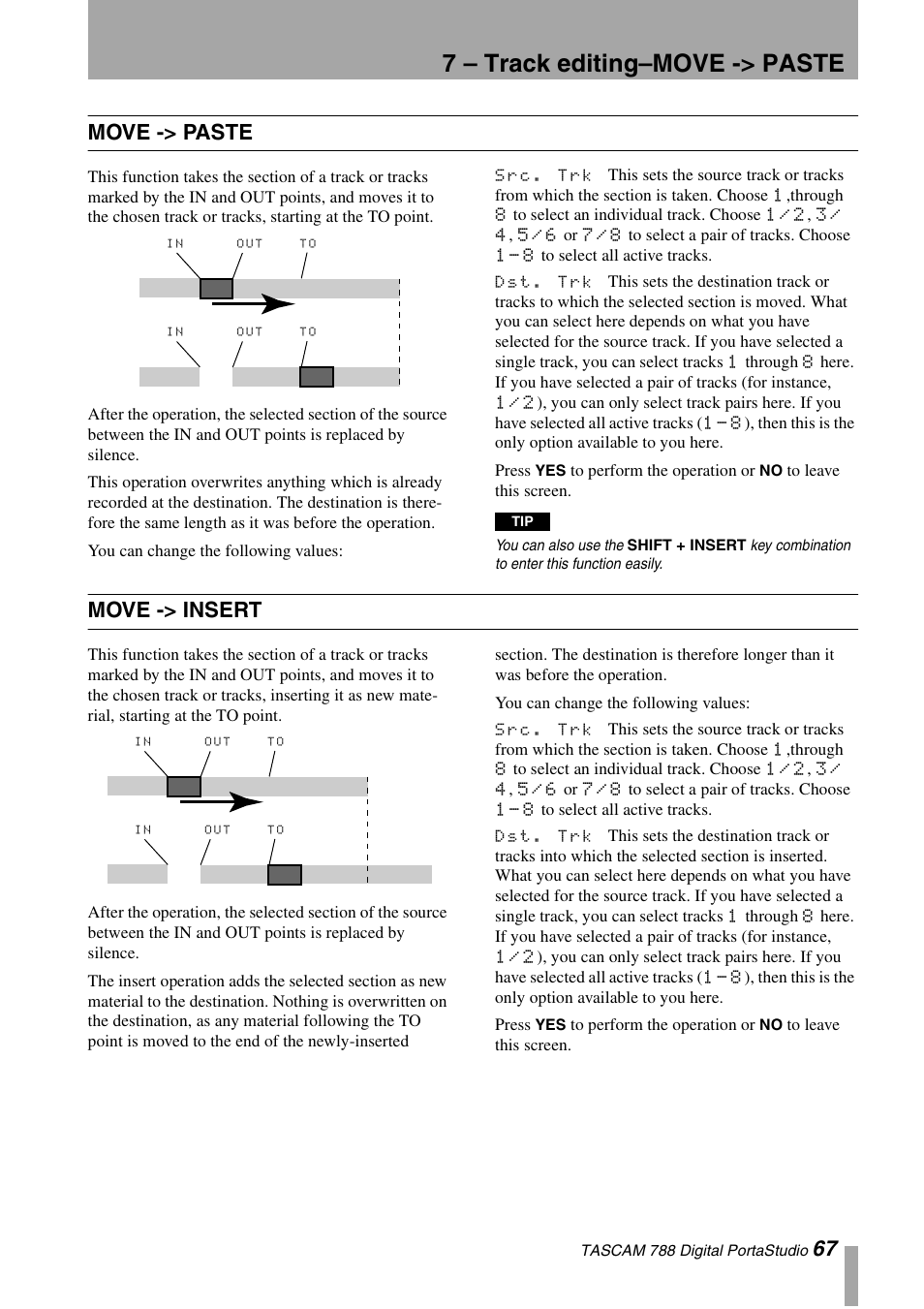 Move -> paste, Move -> insert, Move -> paste move -> insert | 7 – track editing–move -> paste, 67 move -> paste | Tascam 788 User Manual | Page 67 / 128