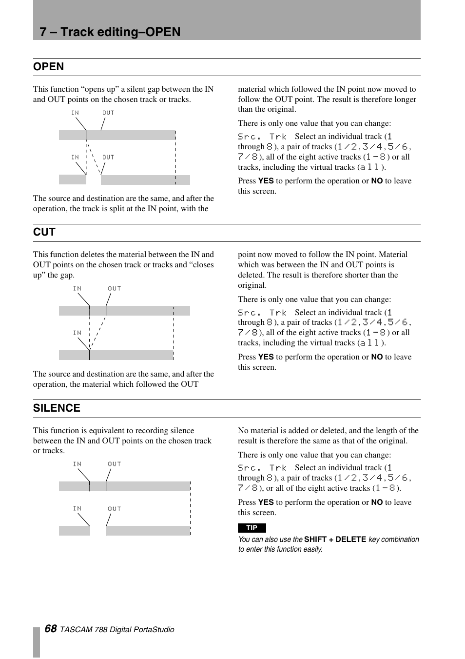 Open, Silence, Open cut silence | 7 – track editing–open | Tascam 788 User Manual | Page 68 / 128