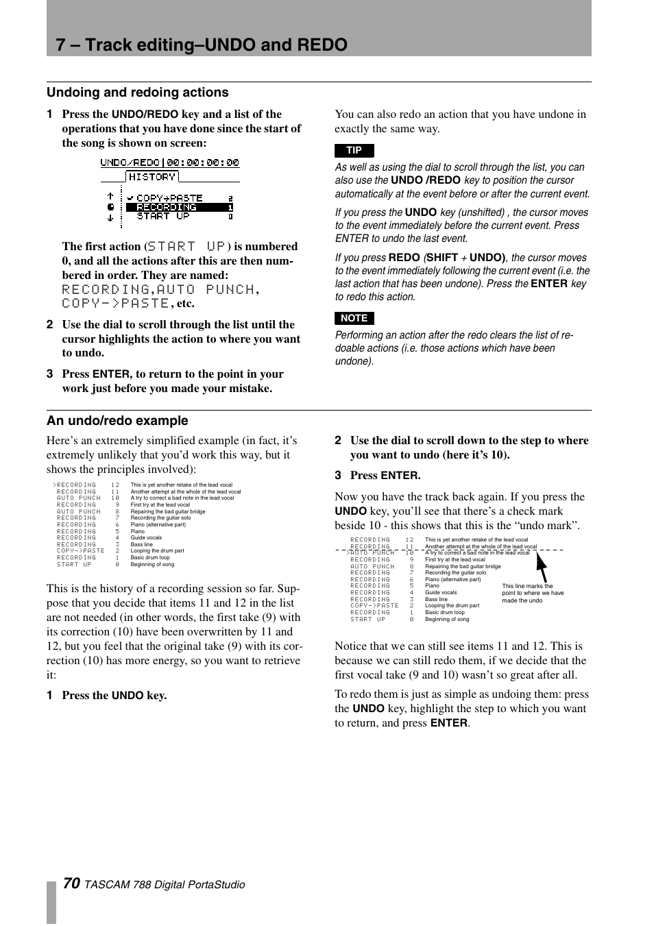 Undoing and redoing actions, An undo/redo example, Undoing and redoing actions an undo/redo example | 7 – track editing–undo and redo, 1 press the, Tascam 788 digital portastudio, Undo/redo, Start up, Recording, Auto punch | Tascam 788 User Manual | Page 70 / 128