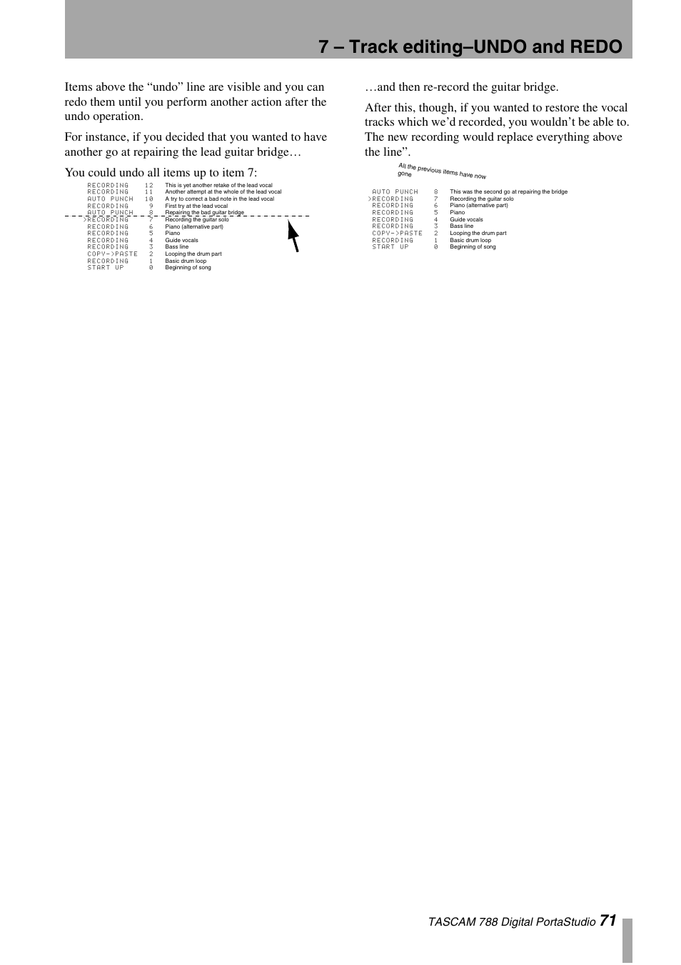 7 – track editing–undo and redo, Tascam 788 digital portastudio | Tascam 788 User Manual | Page 71 / 128