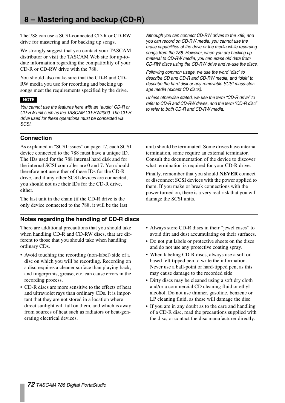 8 – mastering and backup (cd-r), Connection, Notes regarding the handling of cd-r discs | Tascam 788 User Manual | Page 72 / 128