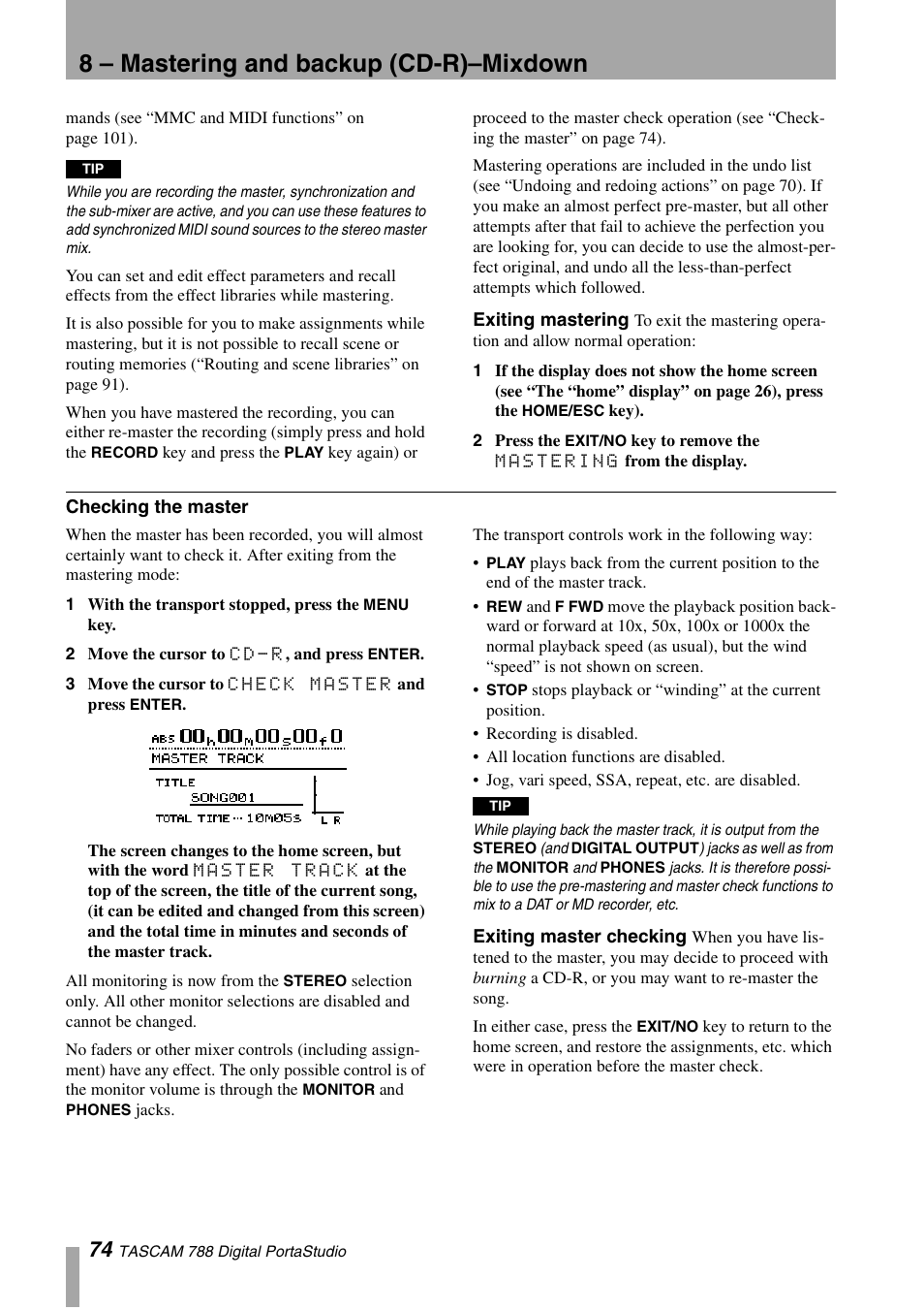 Exiting mastering, Checking the master, Exiting master checking | 8 – mastering and backup (cd-r)–mixdown | Tascam 788 User Manual | Page 74 / 128