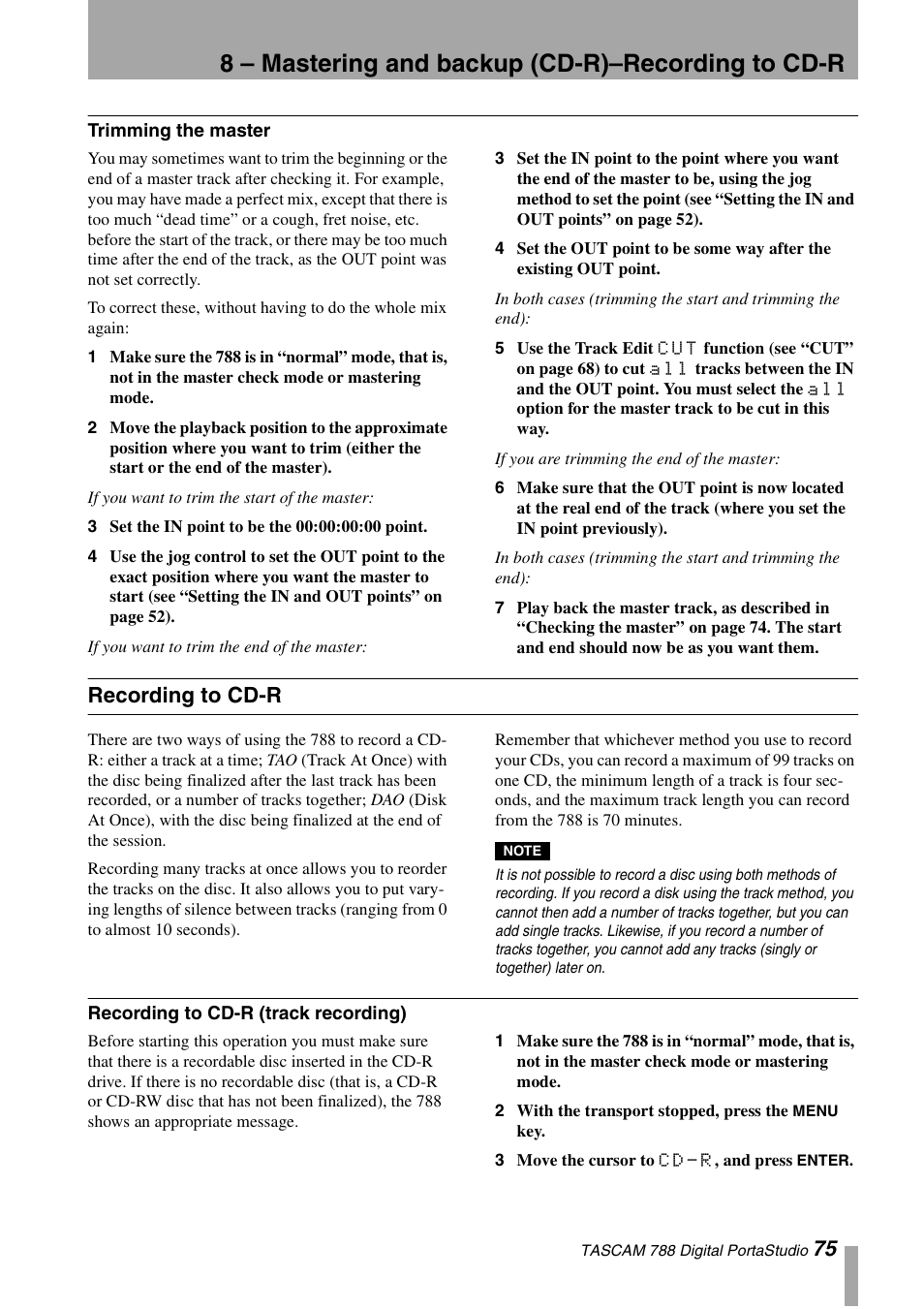 Trimming the master, Recording to cd-r, Recording to cd-r (track recording) | 8 – mastering and backup (cd-r)–recording to cd-r | Tascam 788 User Manual | Page 75 / 128