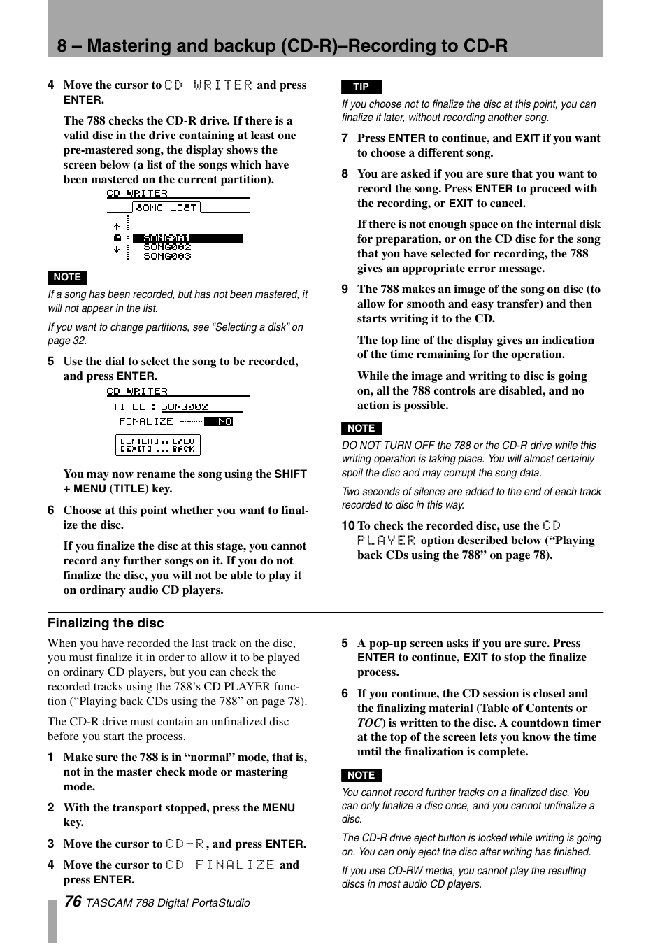 Finalizing the disc, 8 – mastering and backup (cd-r)–recording to cd-r | Tascam 788 User Manual | Page 76 / 128