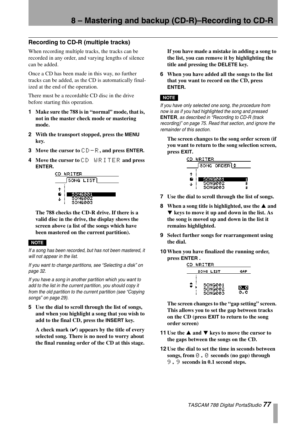 Recording to cd-r (multiple tracks), 8 – mastering and backup (cd-r)–recording to cd-r | Tascam 788 User Manual | Page 77 / 128