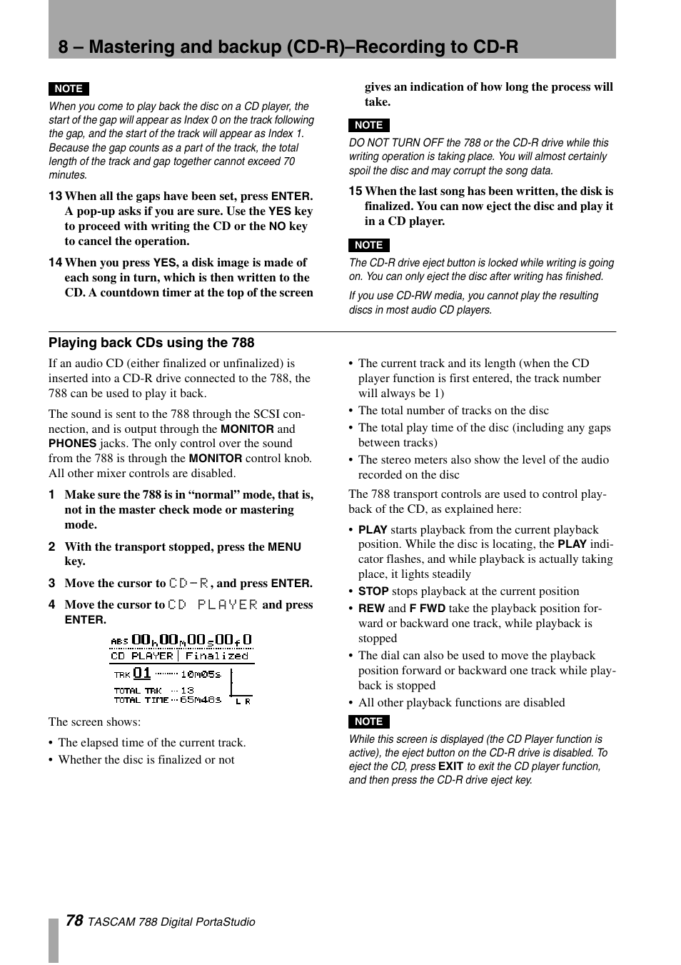 Playing back cds using the 788, Playing, 8 – mastering and backup (cd-r)–recording to cd-r | Tascam 788 User Manual | Page 78 / 128