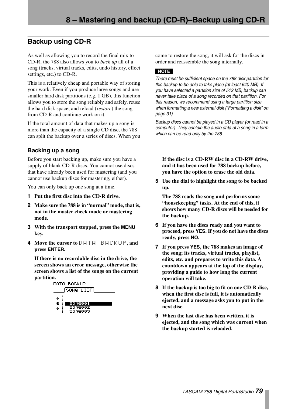 Backup using cd-r, Backing up a song, 8 – mastering and backup (cd-r)–backup using cd-r | 79 backup using cd-r | Tascam 788 User Manual | Page 79 / 128