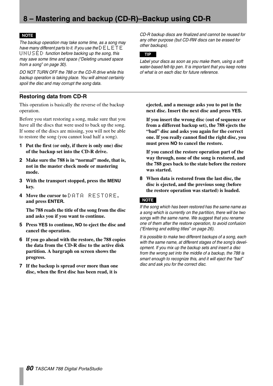 Restoring data from cd-r, 8 – mastering and backup (cd-r)–backup using cd-r | Tascam 788 User Manual | Page 80 / 128